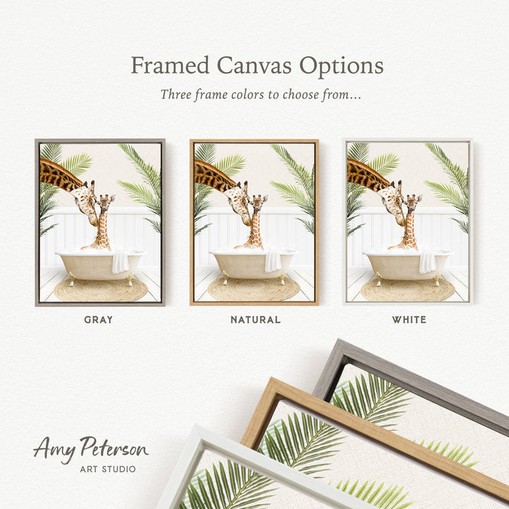 three framed canvas options, each featuring a giraffe in a bathtub surrounded by tropical plants. The options include a gray frame, a natural frame, and a white frame.