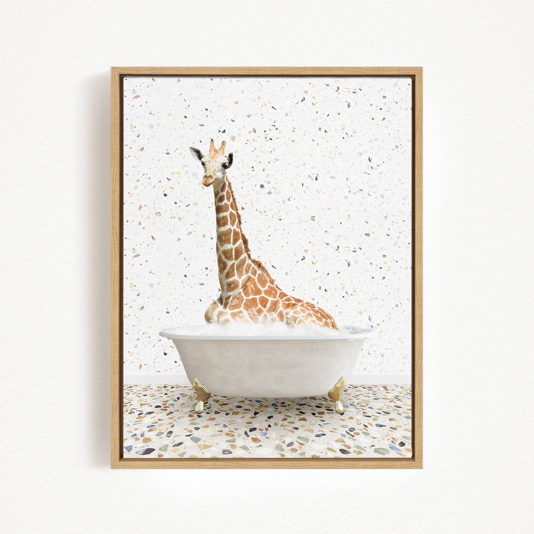 A giraffe sitting in a white bathtub filled with water, surrounded by a speckled background.