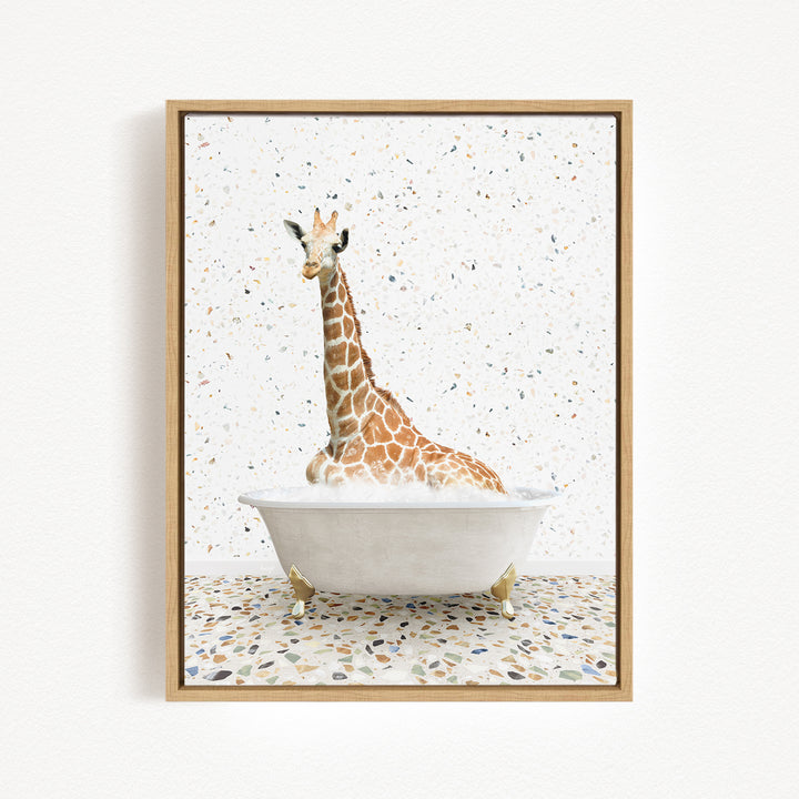 A giraffe sitting in a white bathtub filled with water, surrounded by a speckled background.