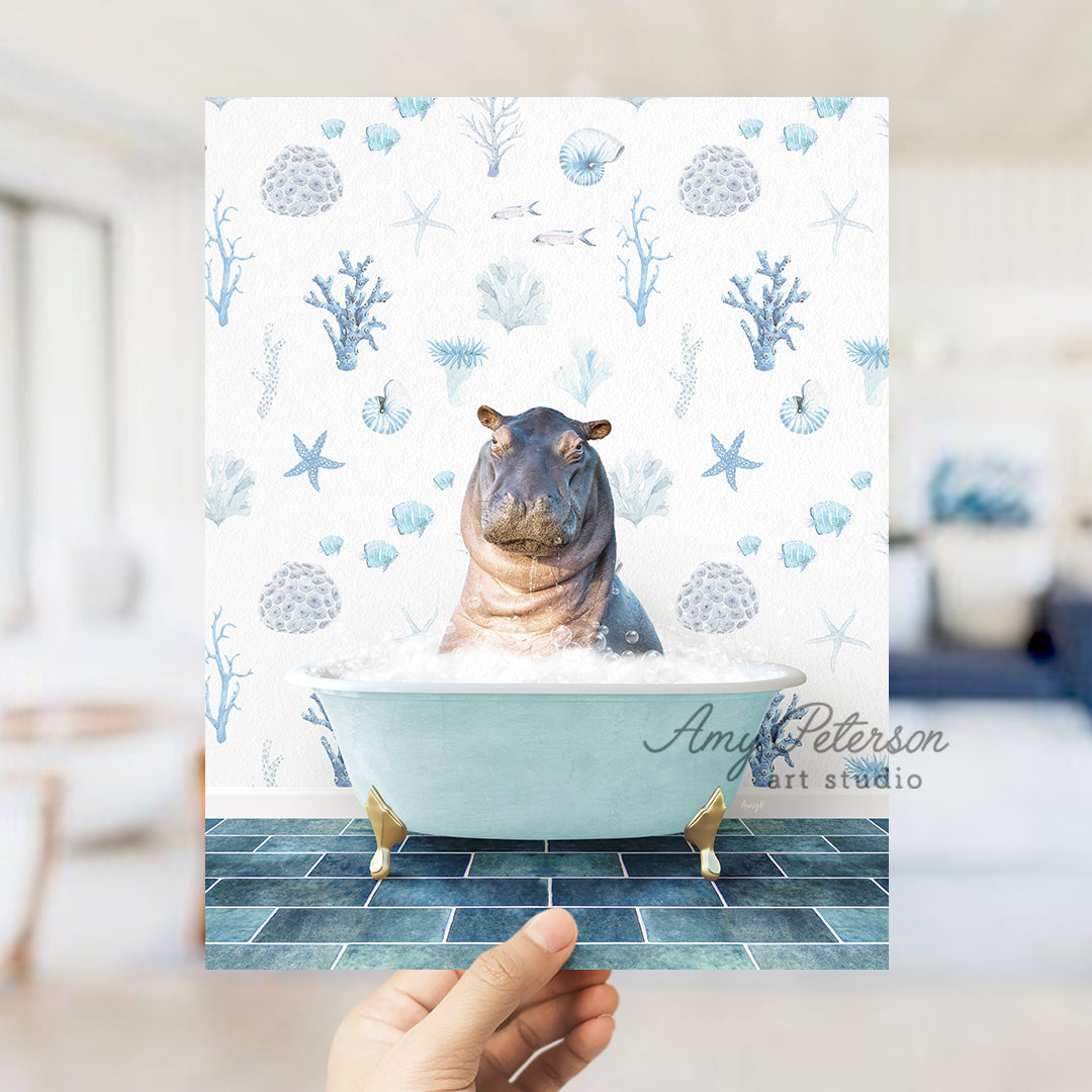 a hippo sitting in a bathtub with a wallpaper behind it