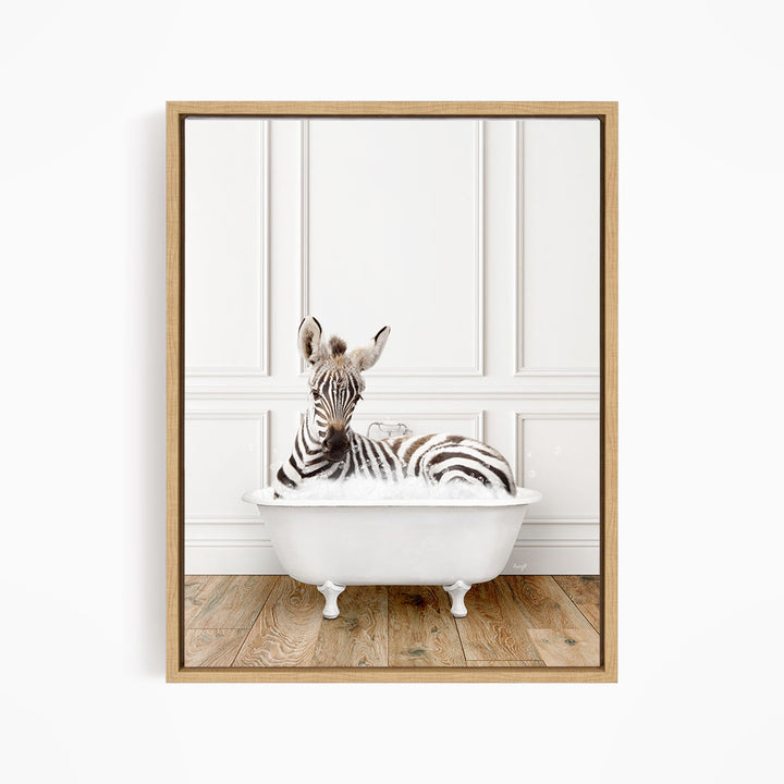 A zebra is sitting in a white bathtub, surrounded by a wooden floor and white walls.