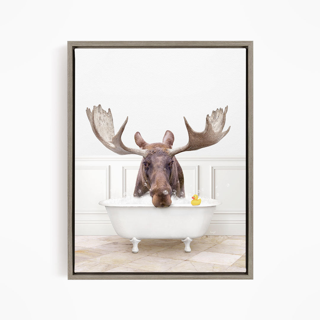 A moose with large antlers is sitting in a white bathtub, with a rubber duck floating in the water.