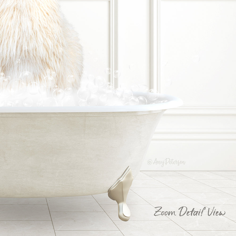 A fluffy white dog is sitting in a bathtub filled with bubbles, creating a cozy and relaxing scene.