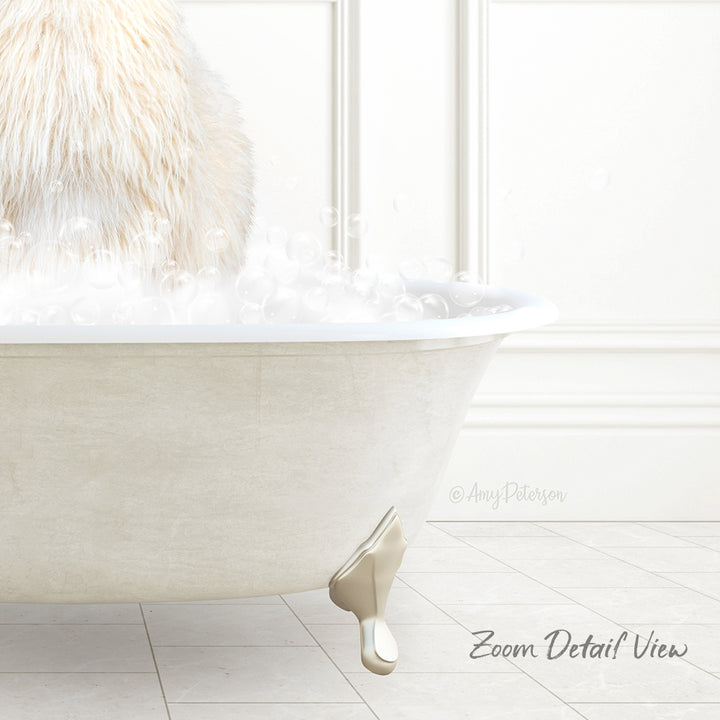 A fluffy white dog is sitting in a bathtub filled with bubbles, creating a cozy and relaxing scene.