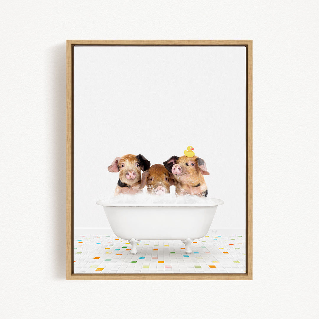 Three adorable pigs sitting in a white bathtub, each with a rubber duck on their heads, creating a playful and whimsical scene.