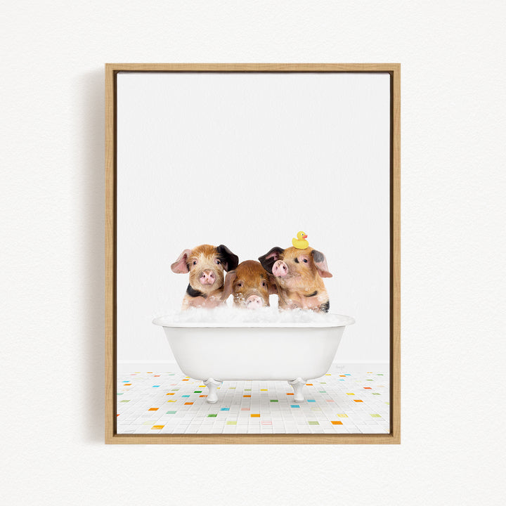 Three adorable pigs sitting in a white bathtub, each with a rubber duck on their heads, creating a playful and whimsical scene.
