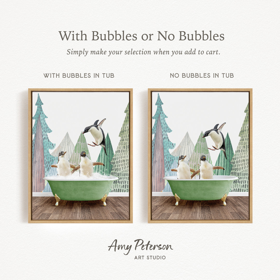 The image is a collage of two framed pictures, each depicting a penguin in a bathtub. The penguins are white and black, and they appear to be enjoying themselves in the bathtub. The collage is titled "With Bubbles or No Bubbles" and is created by Amy Peterson from Art Studio.