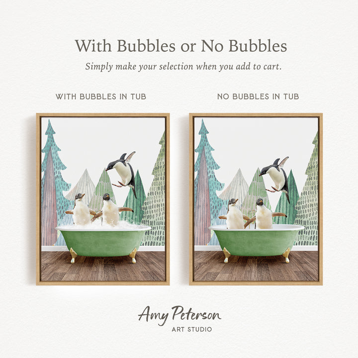 The image is a collage of two framed pictures, each depicting a penguin in a bathtub. The penguins are white and black, and they appear to be enjoying themselves in the bathtub. The collage is titled "With Bubbles or No Bubbles" and is created by Amy Peterson from Art Studio.