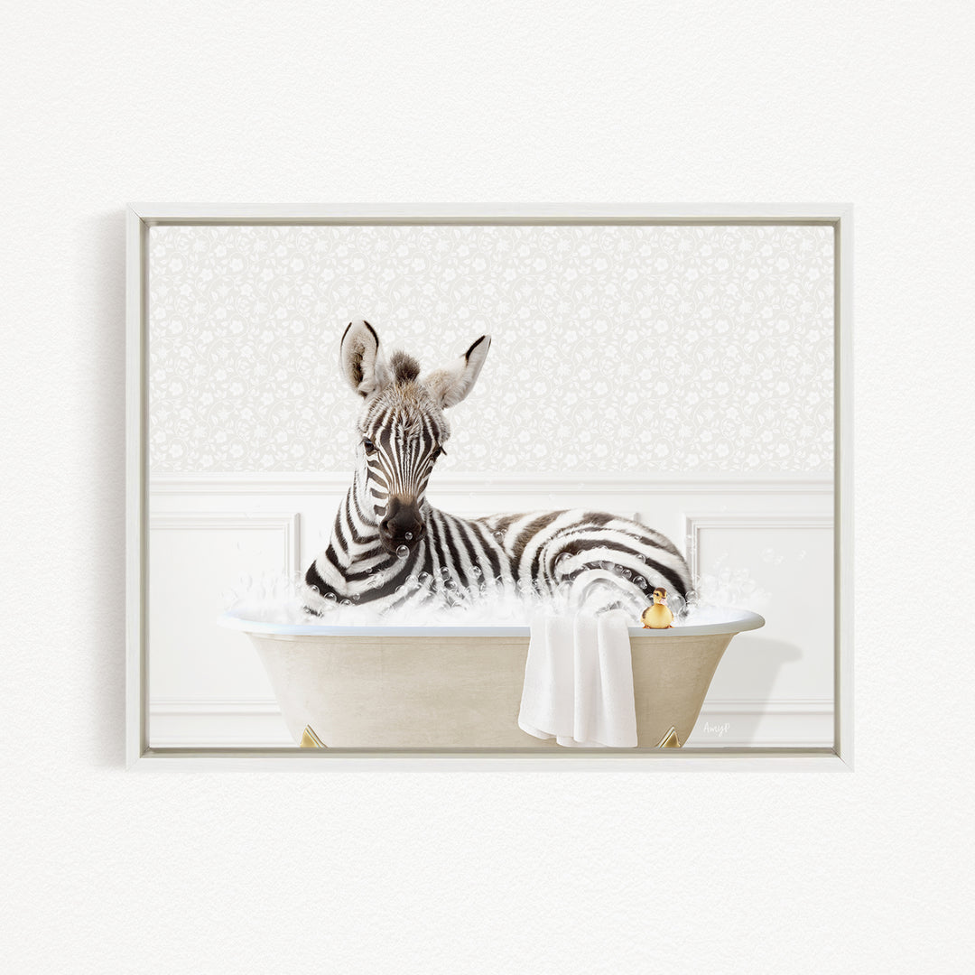 A zebra is sitting in a bathtub filled with water, surrounded by a white and beige patterned background.