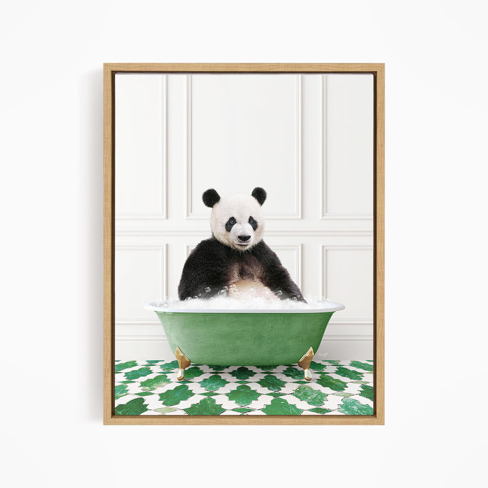 A panda bear sitting in a green bathtub filled with bubbles, surrounded by a green and white patterned floor.