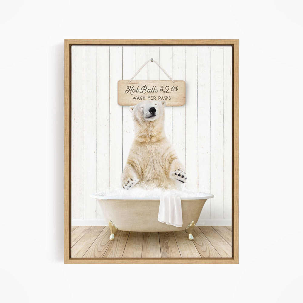 A polar bear sitting in a bathtub, with a sign above it that says "Hot Bath $2.00 Wash Your Paws".