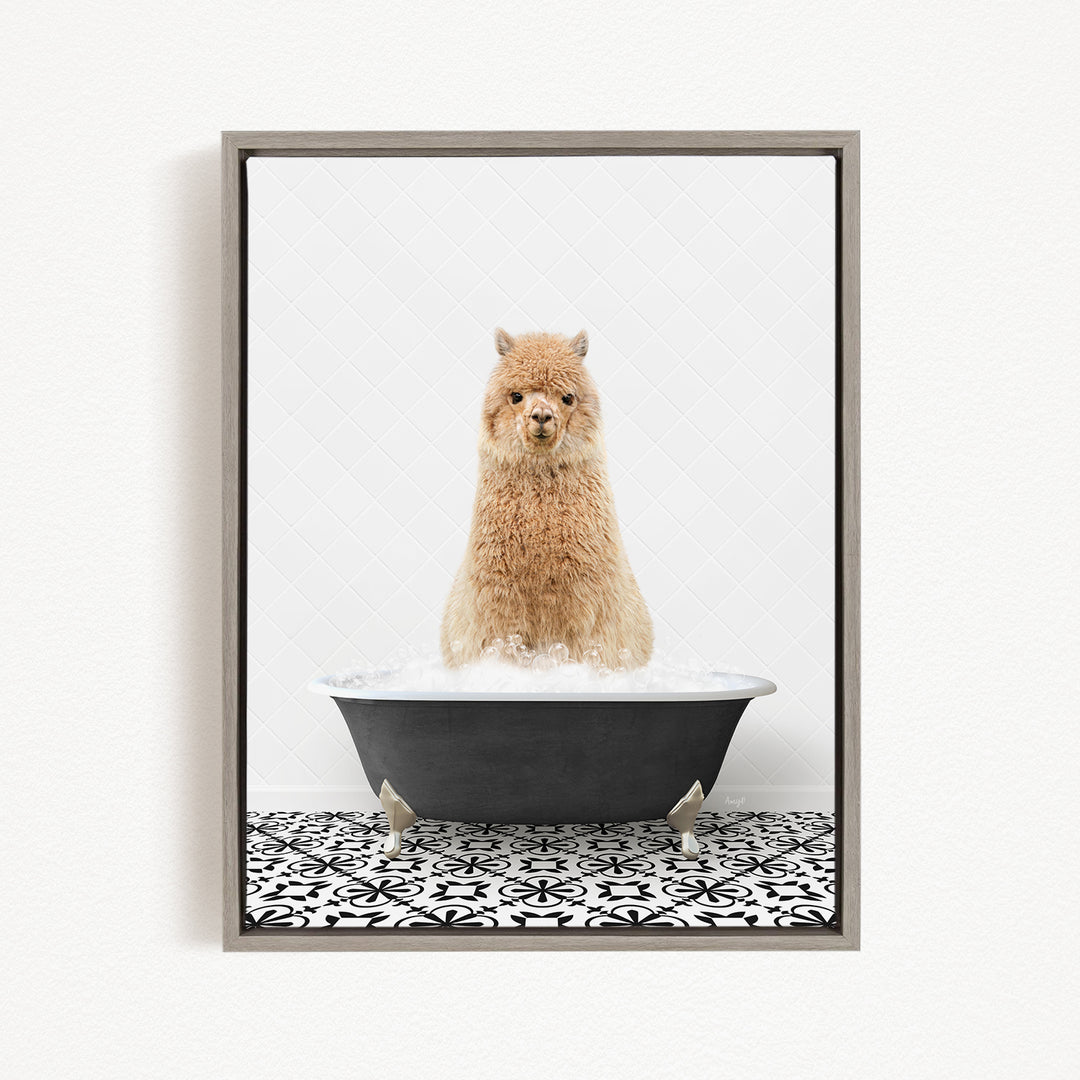 A fluffy alpaca sitting in a black bathtub filled with bubbles, surrounded by a black and white patterned floor.