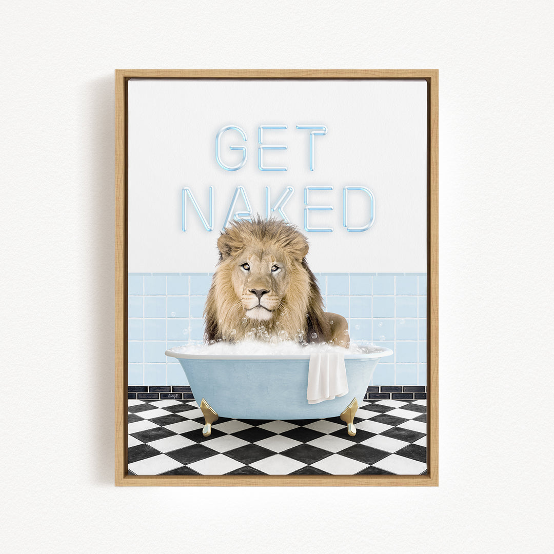 A lion sitting in a bathtub with the text "GET NAKED" displayed above it.