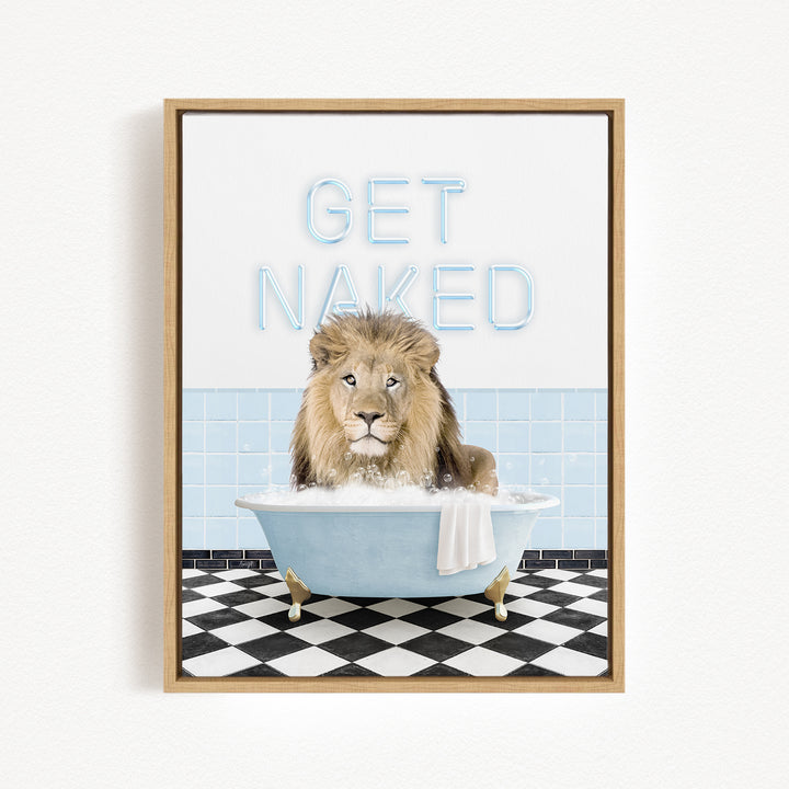 A lion sitting in a bathtub with the text "GET NAKED" displayed above it.