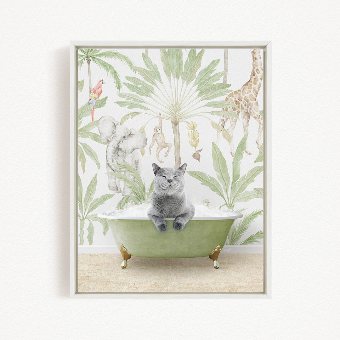 A gray cat sitting in a green bathtub, surrounded by various animals and plants, creating a whimsical and playful scene.