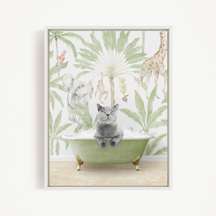 A gray cat sitting in a green bathtub, surrounded by various animals and plants, creating a whimsical and playful scene.