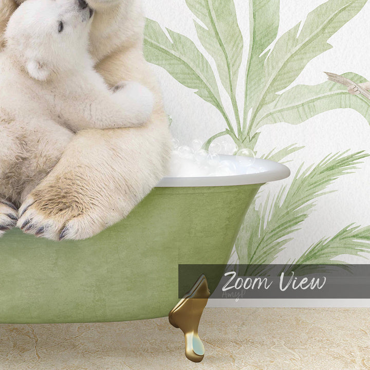 A polar bear cub sitting in a green bathtub, with a palm tree wallpaper in the background.