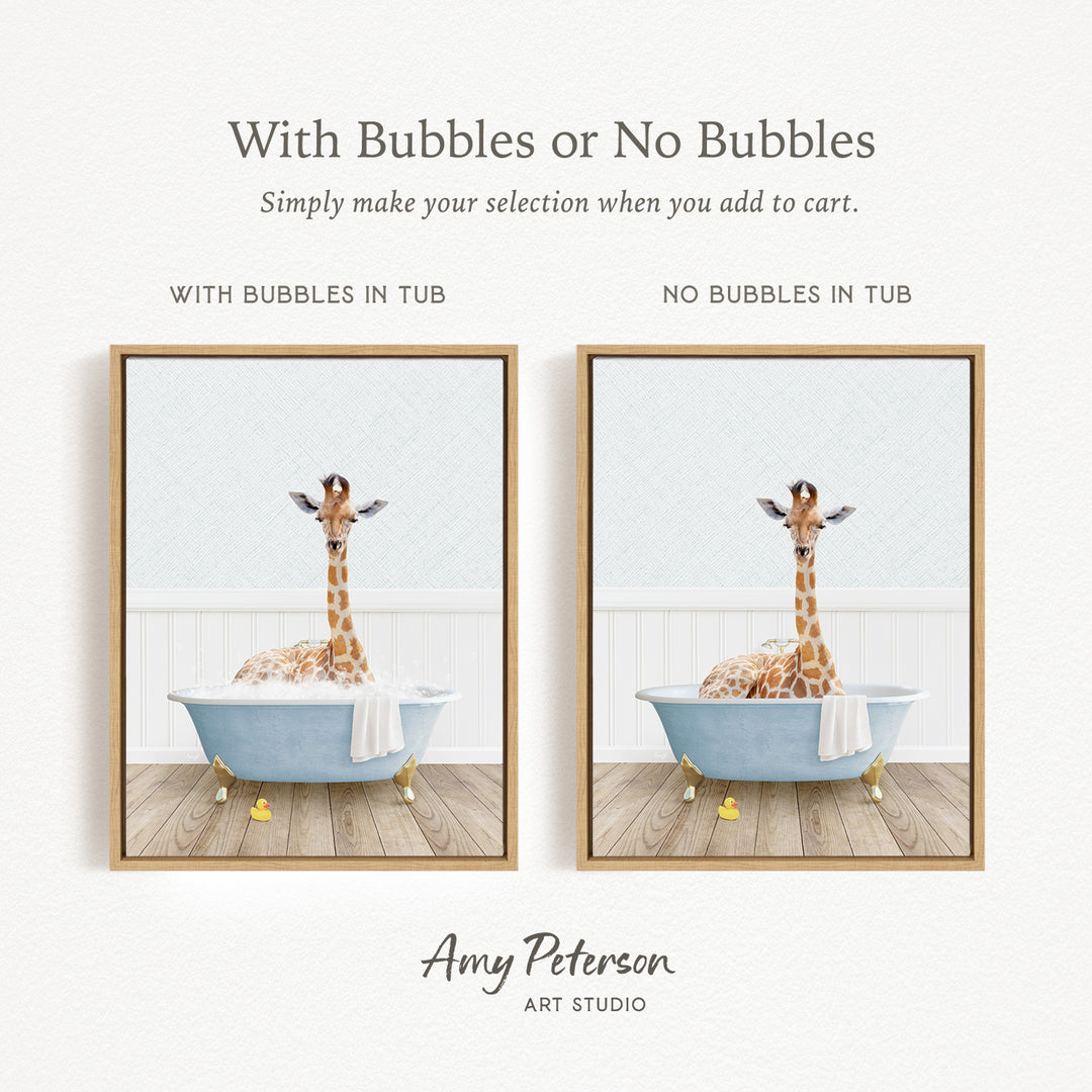 The image is a collage of two pictures featuring a giraffe sitting in a bathtub. The first picture shows the giraffe sitting in the tub with bubbles, while the second picture shows the giraffe sitting in the tub without bubbles.
