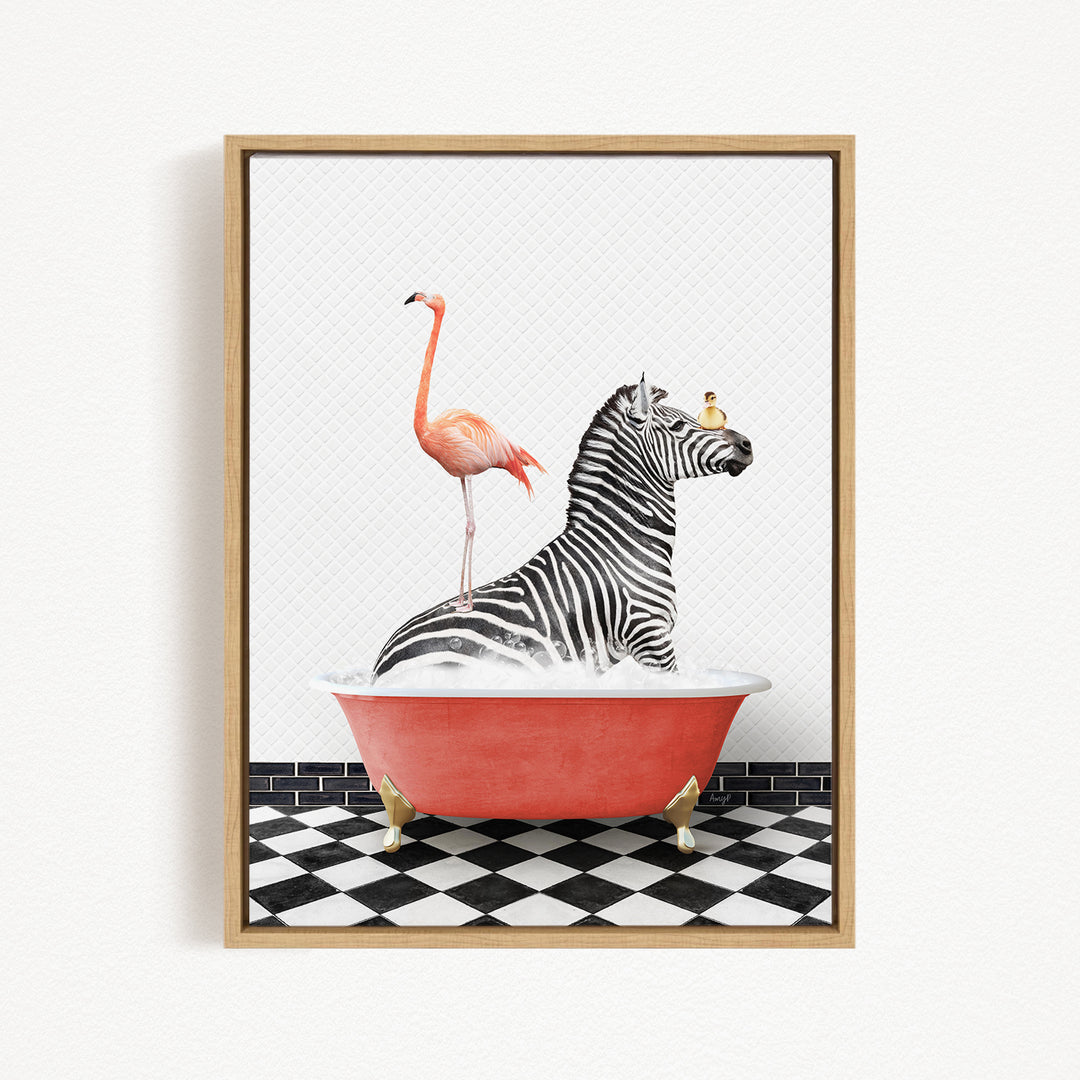 A zebra is sitting in a red bathtub, with a flamingo standing on its back and a person sitting on its stomach.
