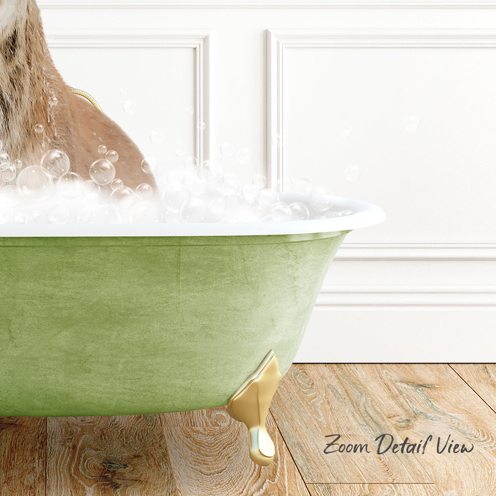 A green bathtub filled with bubbles, with a dog standing inside it.