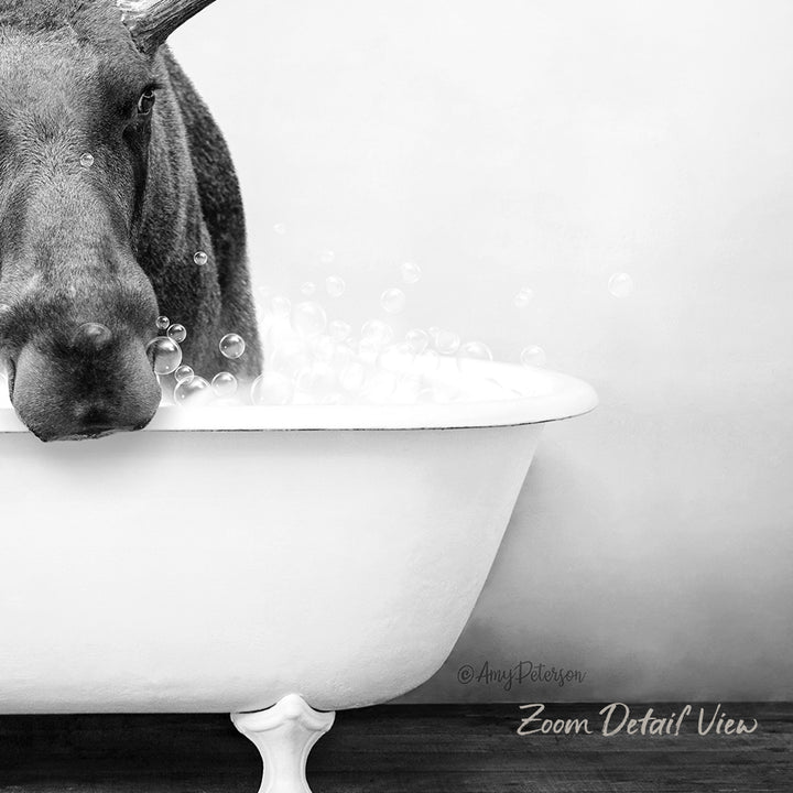 A black and white image of a moose standing in a bathtub filled with bubbles.