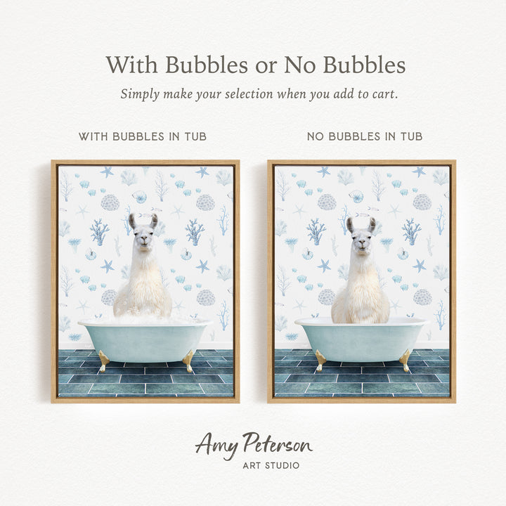 The image is a framed print featuring a white llama sitting in a bathtub, with the text "With Bubbles or No Bubbles" above the images.