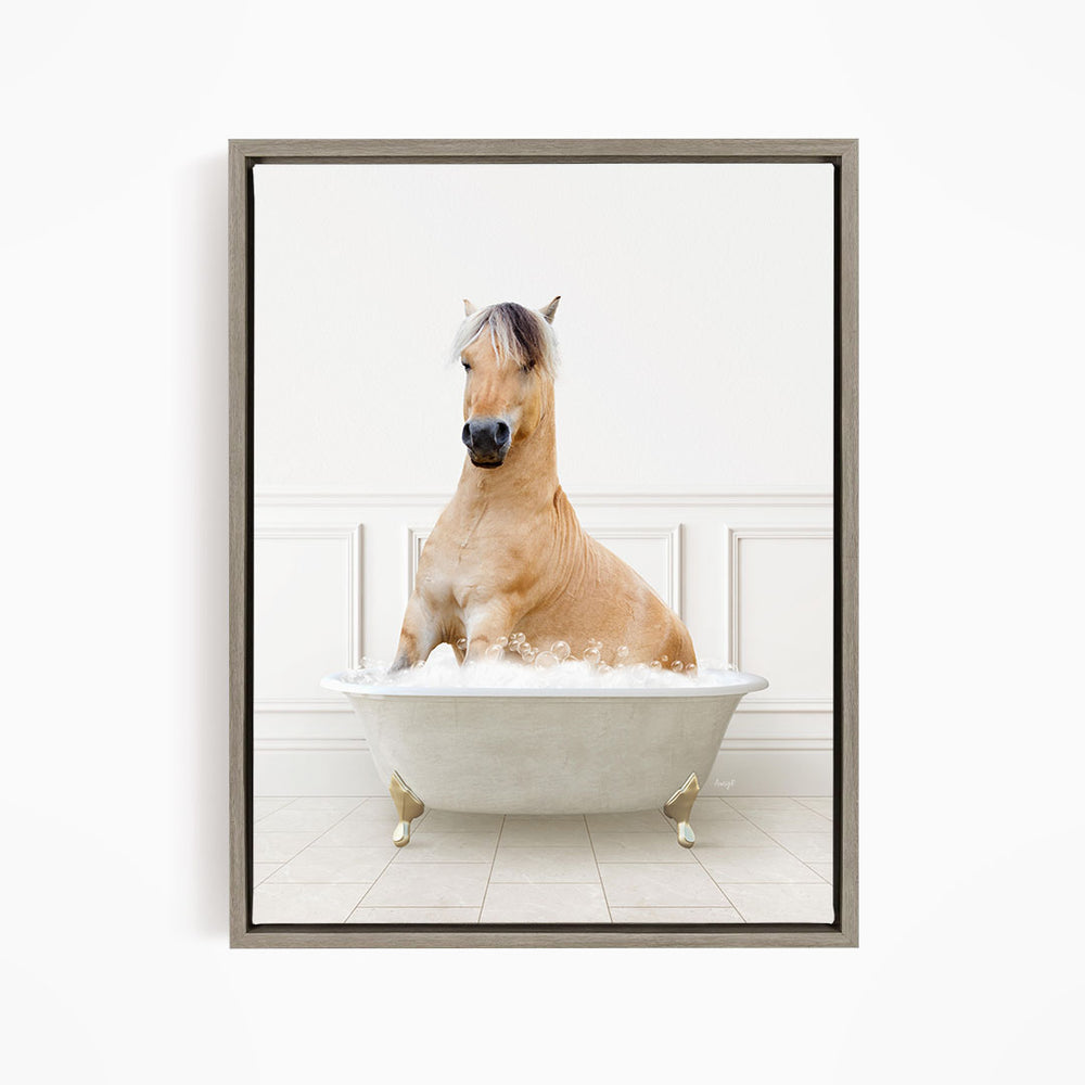 A light brown horse is sitting in a white bathtub filled with water, creating a whimsical and playful scene.