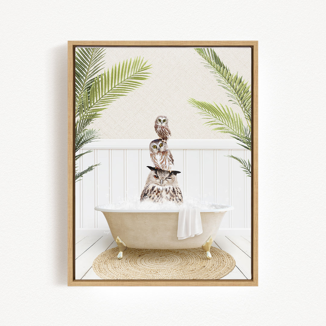 A framed image depicting three owls sitting in a bathtub, surrounded by palm leaves.