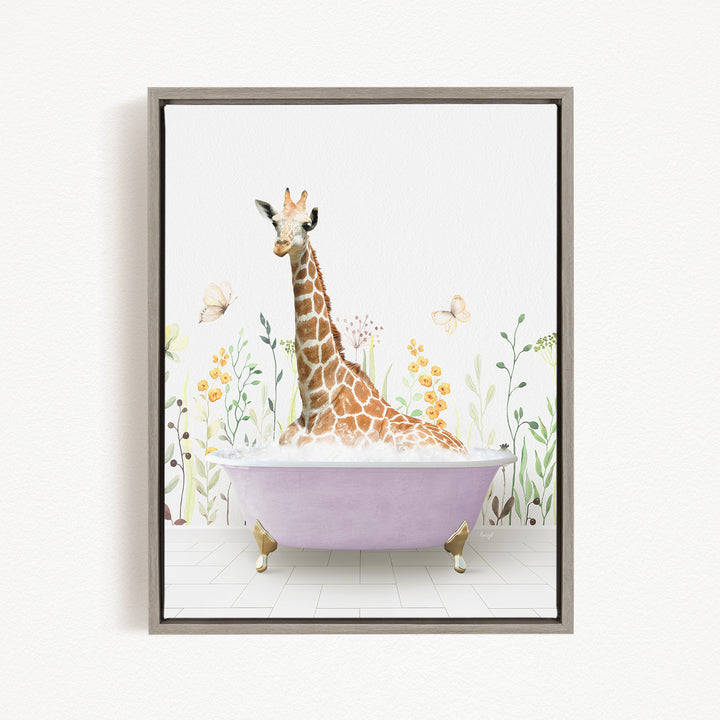 A giraffe sitting in a purple bathtub filled with bubbles, surrounded by flowers and butterflies.