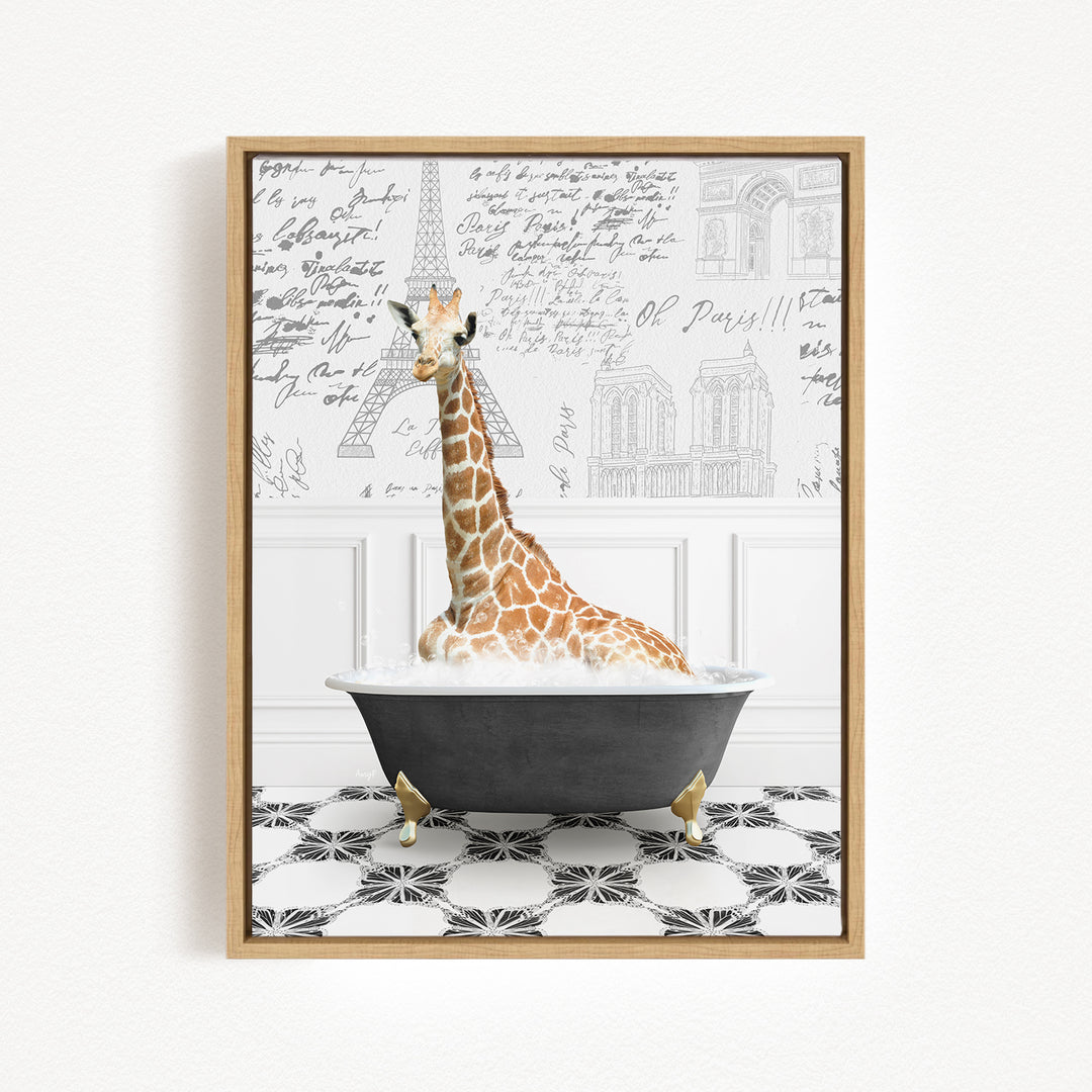 A giraffe sitting in a bathtub filled with water, surrounded by a Paris-themed background with the Eiffel Tower and other landmarks.