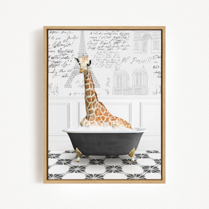 A giraffe sitting in a bathtub filled with water, surrounded by a Paris-themed background with the Eiffel Tower and other landmarks.
