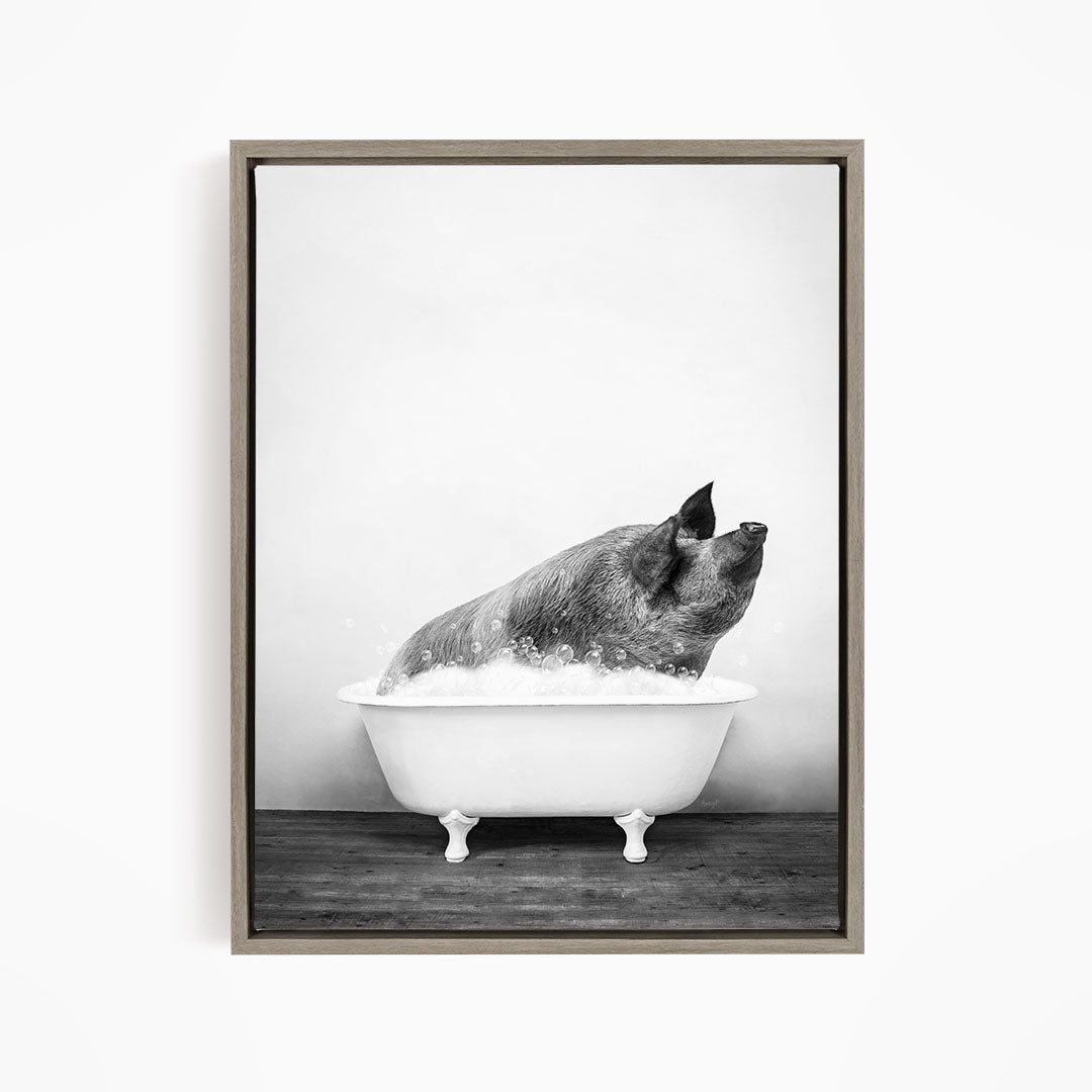A black and white image of a pig sitting in a bathtub filled with water, appearing to be enjoying the bath.