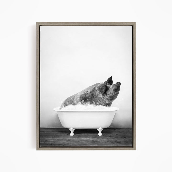 A black and white image of a pig sitting in a bathtub filled with water, appearing to be enjoying the bath.
