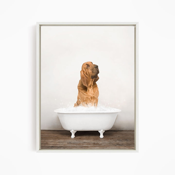 A dog sitting in a white bathtub filled with water, with its head raised and eyes closed, creating a playful and whimsical scene.
