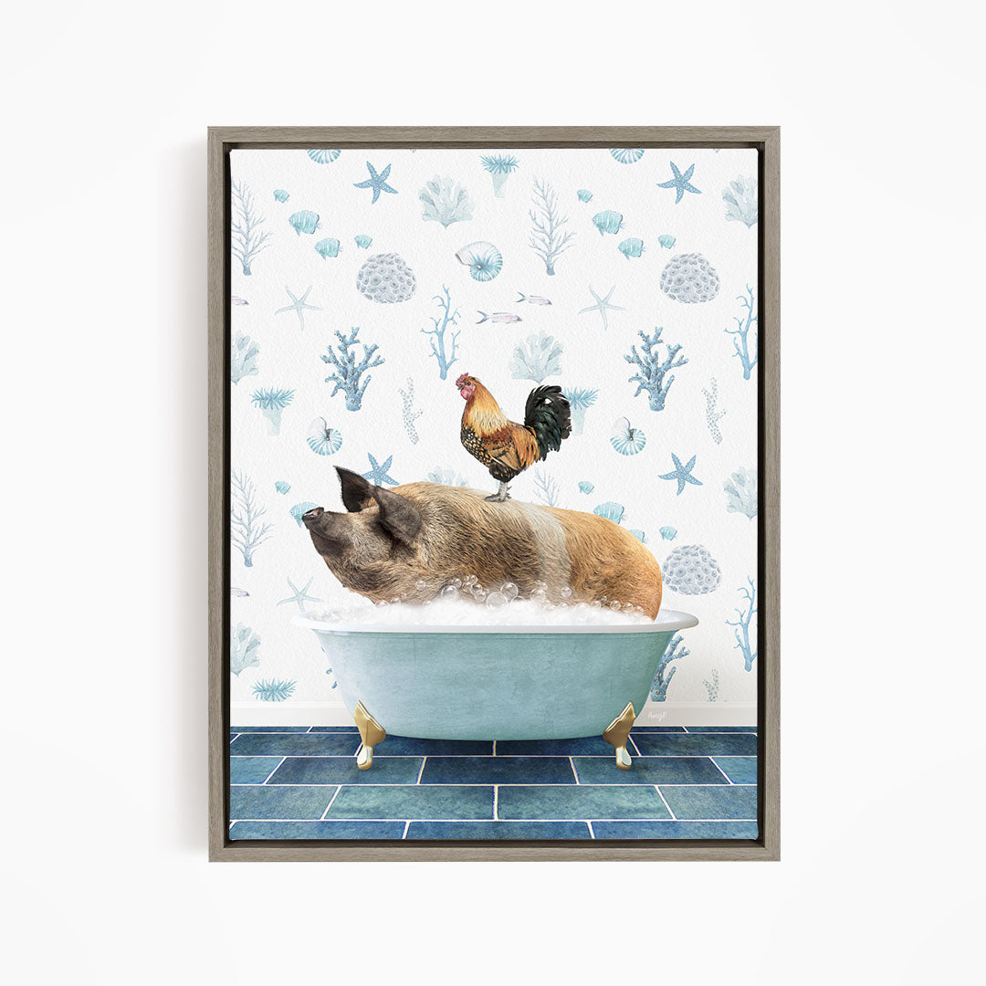 A rooster sits atop a pig in a bathtub, surrounded by a pattern of seashells and starfish.