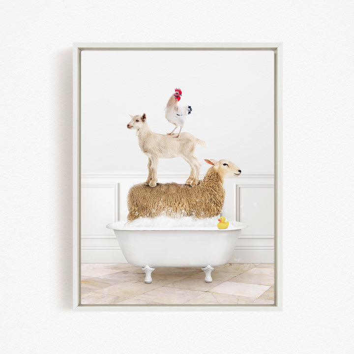 A white bathtub filled with water and bubbles, with a goat standing on top of it and a chicken perched on its back.