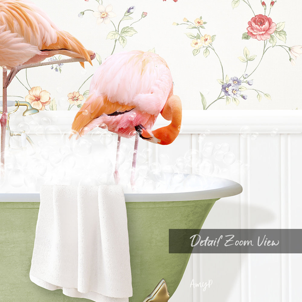 A pink flamingo standing in a bathtub filled with water, surrounded by a floral wallpaper.