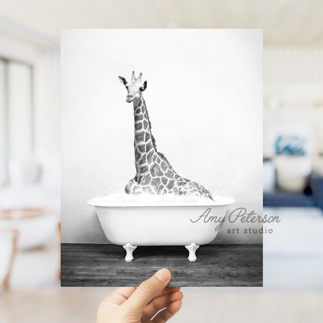 a giraffe sitting in a bathtub in a bedroom