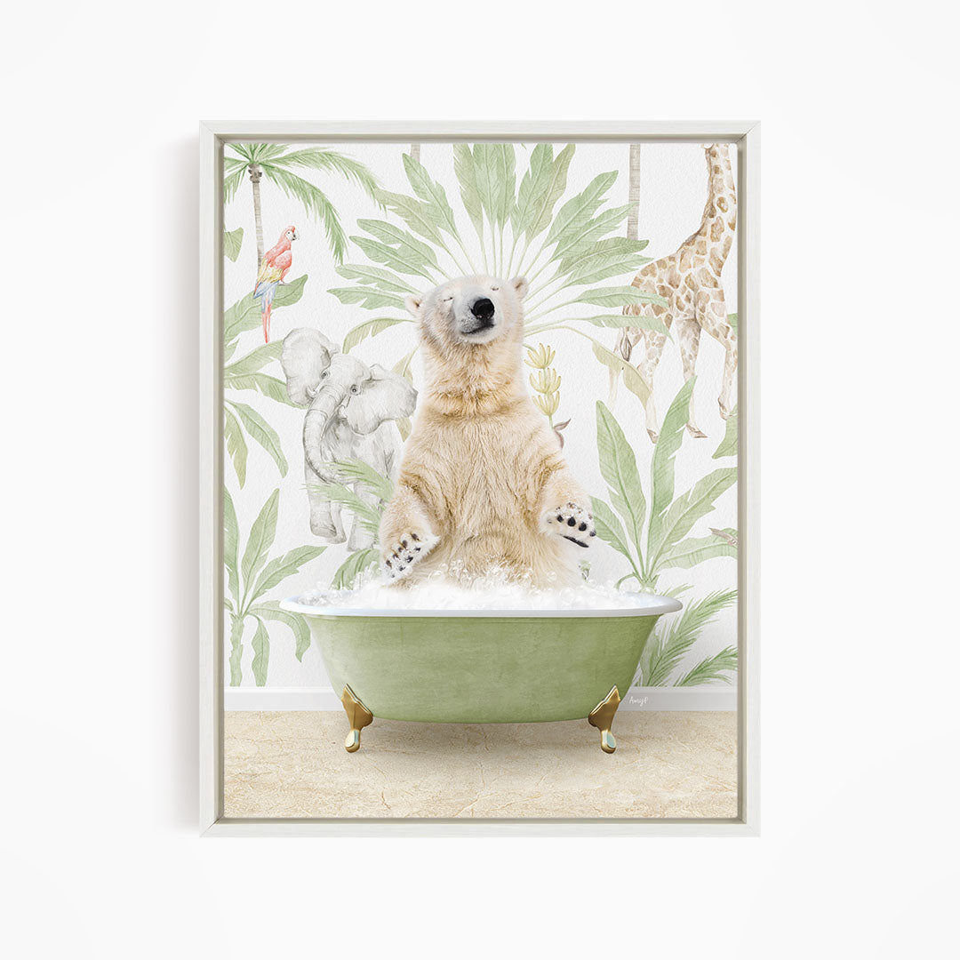 A polar bear is sitting in a green bathtub, surrounded by tropical plants and animals, including a giraffe and a parrot.