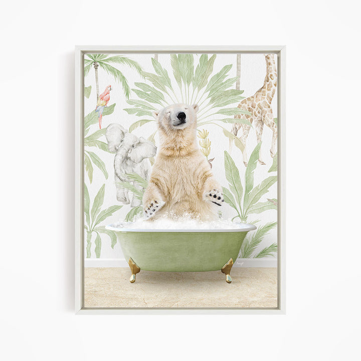 A polar bear is sitting in a green bathtub, surrounded by tropical plants and animals, including a giraffe and a parrot.