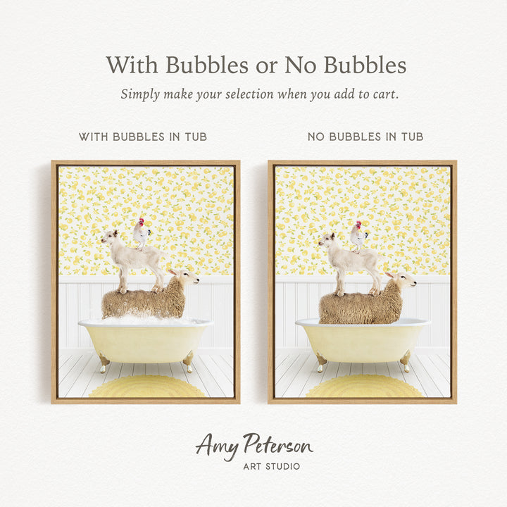 The image is a collage of two framed pictures, each depicting a sheep in a bathtub. The sheep in the bathtub has bubbles, while the other sheep does not have bubbles. The collage is titled "With Bubbles or No Bubbles" and is created by Amy Peterson from Art Studio.