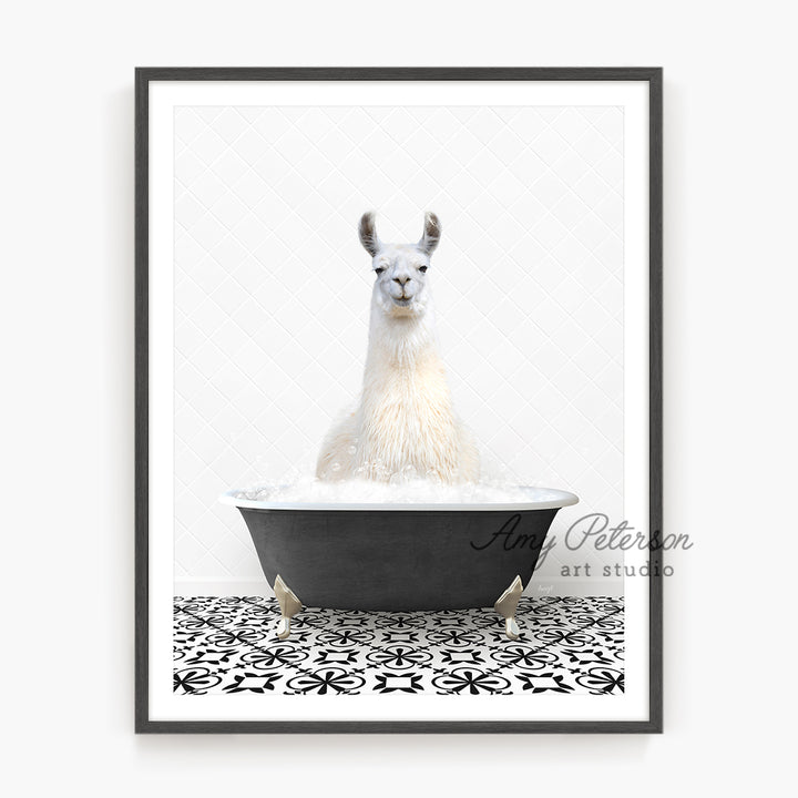 a llama sitting in a bathtub in a bathroom