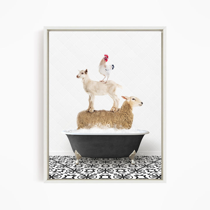 A framed image depicting a sheep standing on a goat's back while a chicken stands on top of a sheep in a bathtub.
