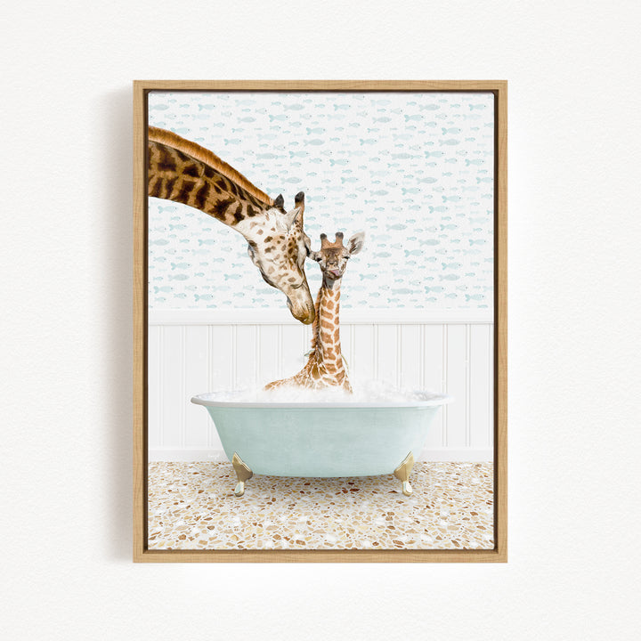 A mother giraffe and her baby giraffe are enjoying a relaxing bath together in a light blue bathtub, surrounded by a patterned tile floor.