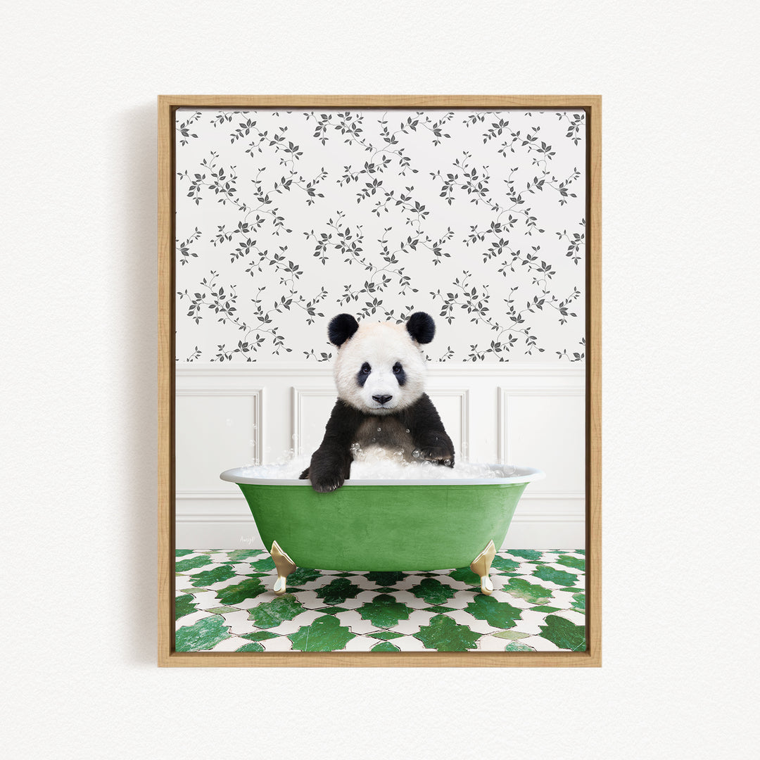A panda bear sitting in a green bathtub, surrounded by a patterned wall and green and white tiles.