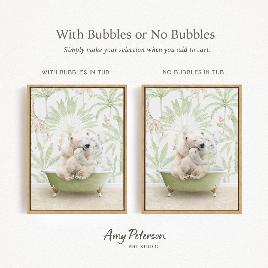 The image is a collage of two framed pictures, each depicting a white bear sitting in a bathtub. The bears appear to be cuddling or embracing each other, creating a warm and affectionate scene. The text above the images reads "With Bubbles or No Bubbles" and below the images, it says "Simply make your selection when you add to cart."