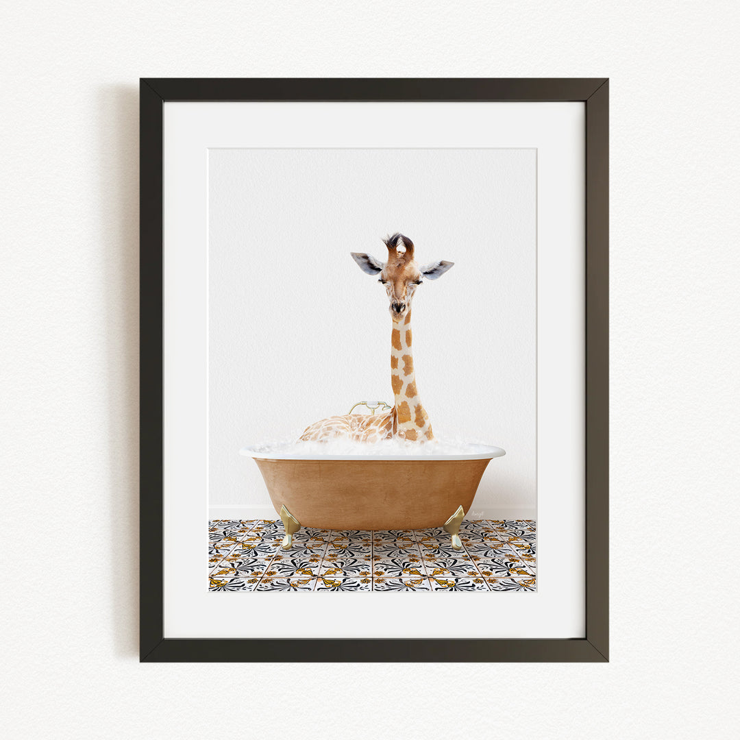 A giraffe sitting in a bathtub filled with bubbles, creating a whimsical and playful scene.