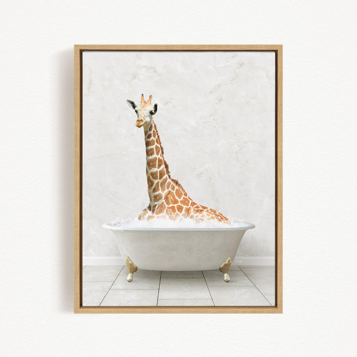 A giraffe sitting in a white bathtub filled with bubbles, creating a whimsical and playful scene.