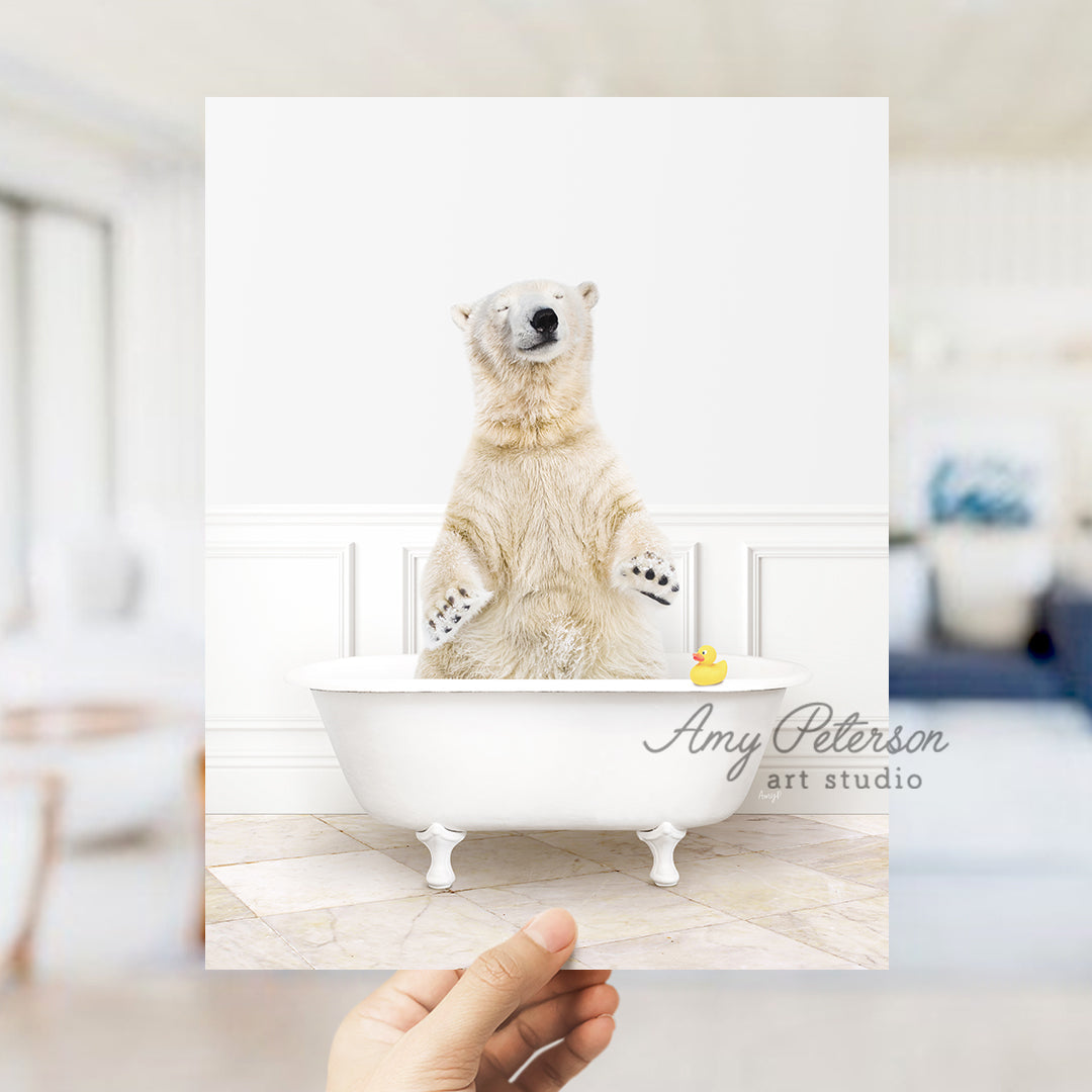 a polar bear sitting in a bath tub