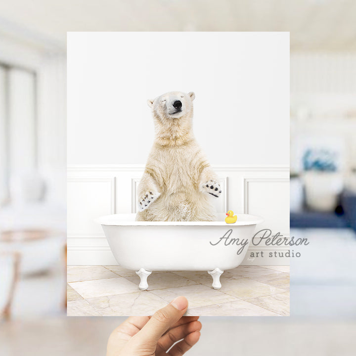 a polar bear sitting in a bath tub